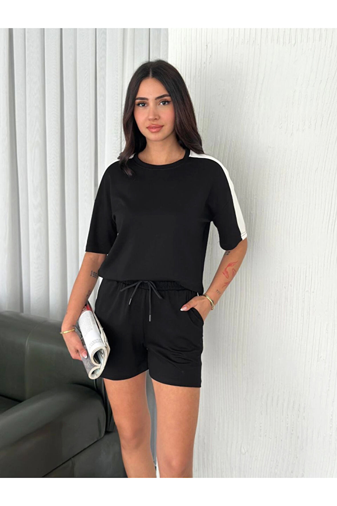 Osy Modal Yumuşak Dokulu Kumaş Parçalı Bisiklet Yaka T-shirt Kısa Şort İkili Takım - Siyah