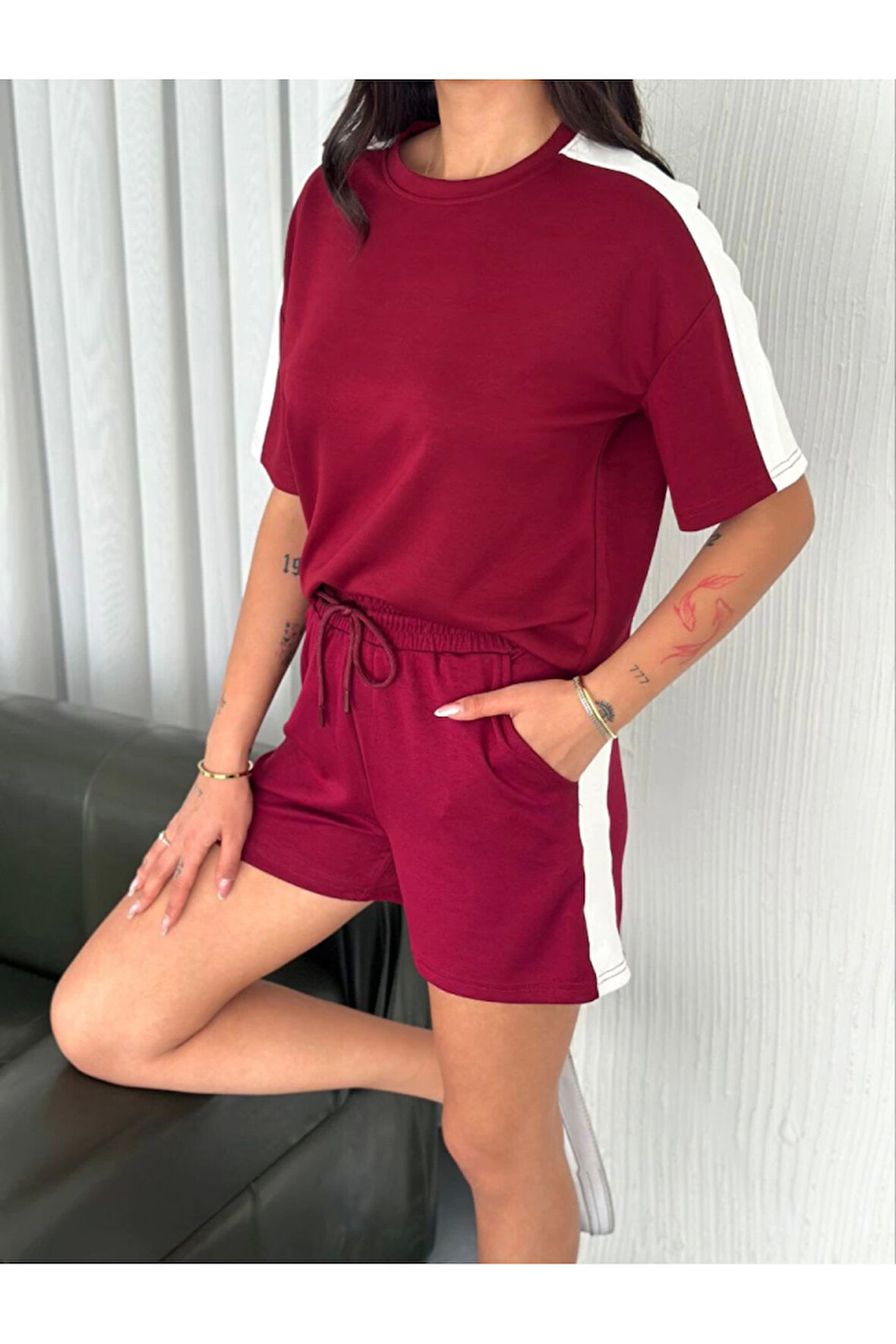 Osy Modal Yumuşak Dokulu Kumaş Parçalı Bisiklet Yaka T-shirt Kısa Şort İkili Takım -  Bordo