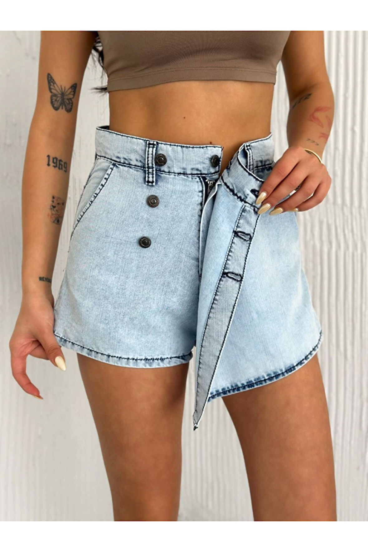 Kot Jeans Kesimetrik Kesim Cepli Şortlu Etek - Gri