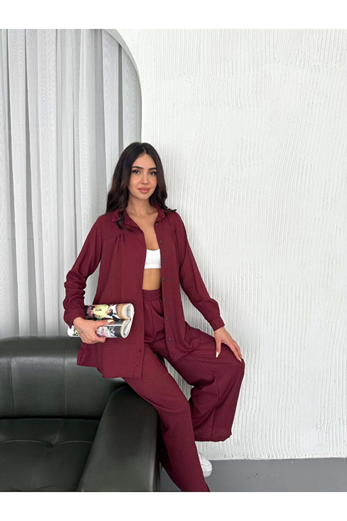 Yakalı Düğmeli Uzun Kollu Gömlek Pantolon Ikili Takım - Bordo