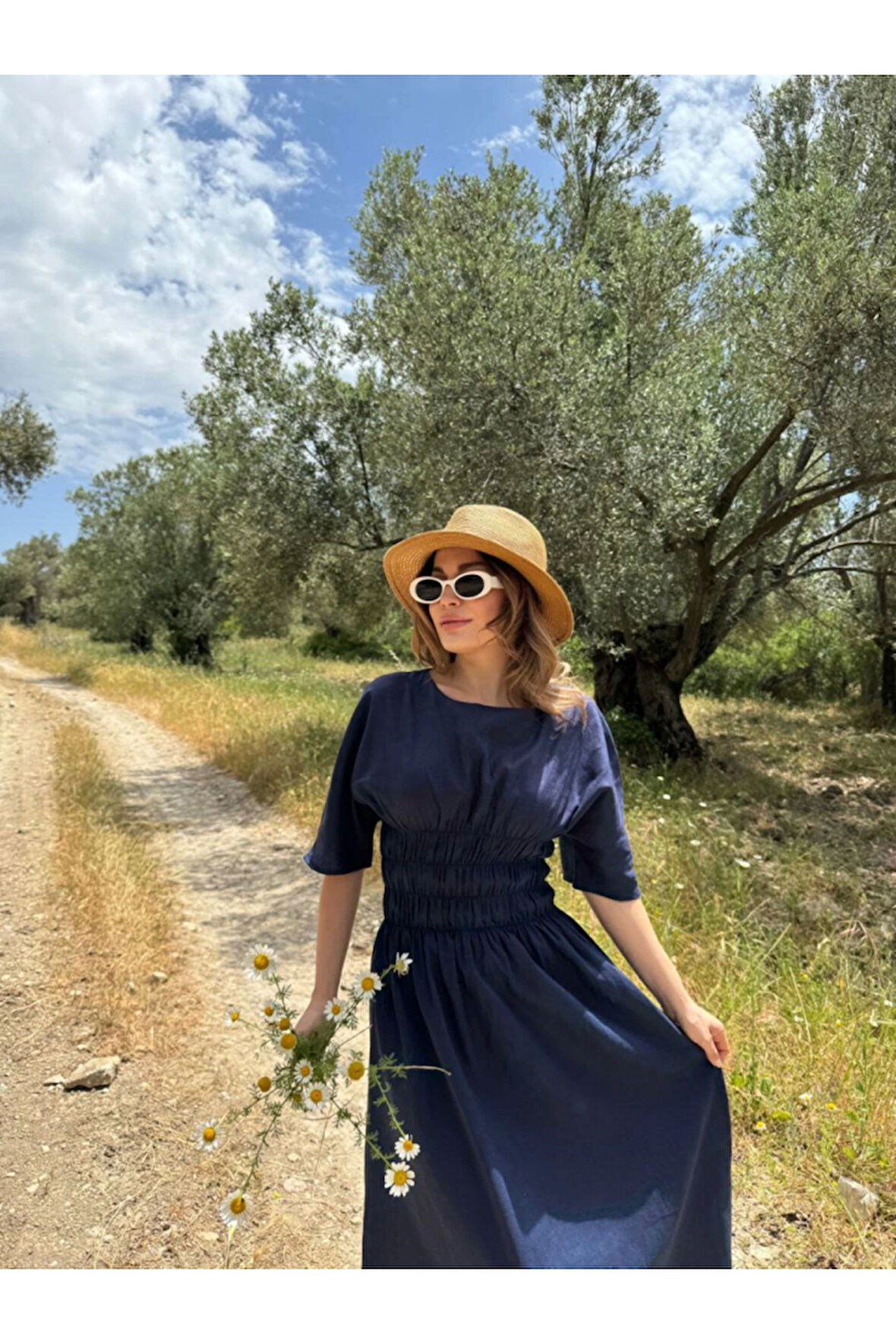 Keten Kısa Kollu Uzun  Elbise - Lacivert