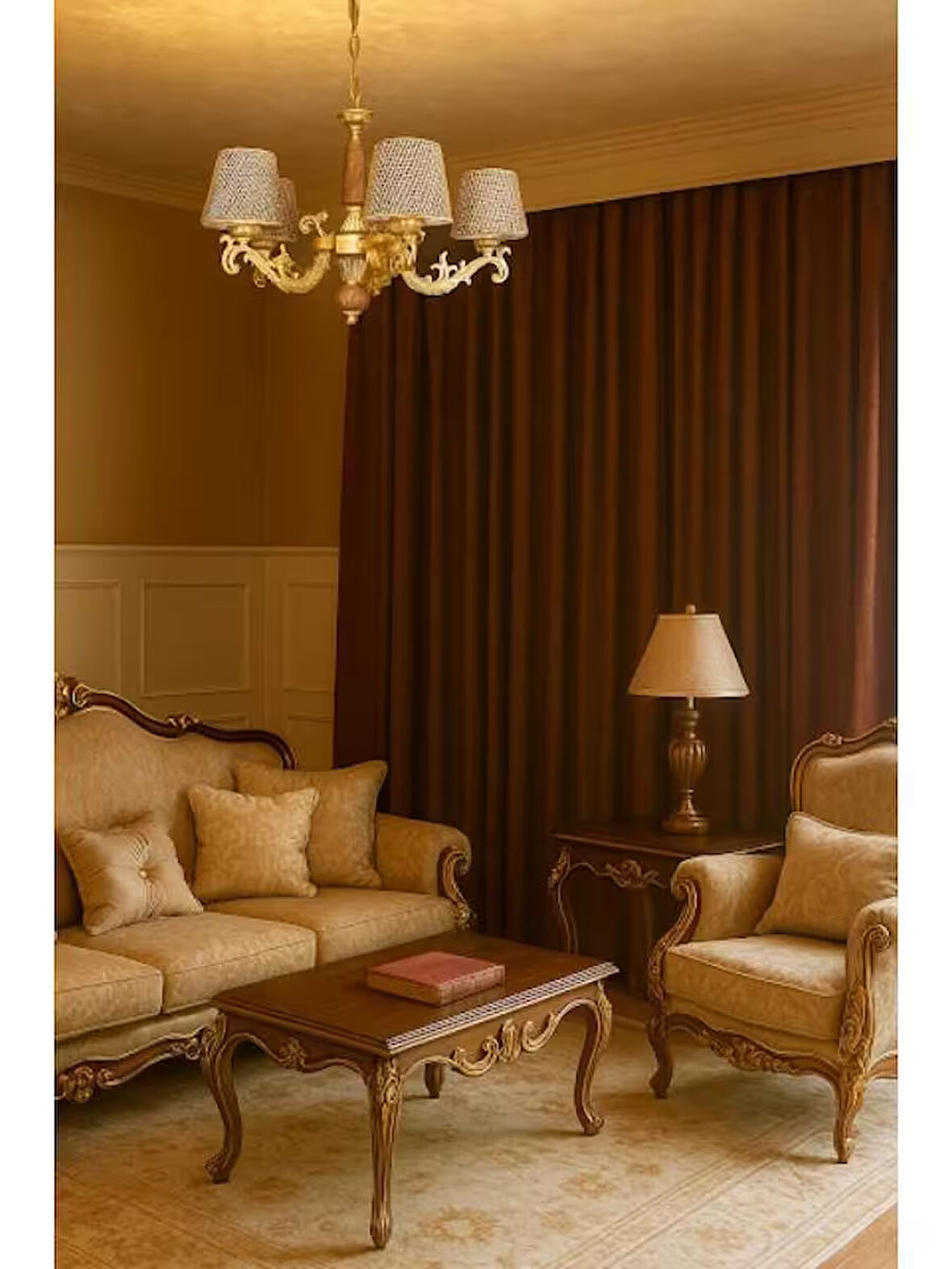 DOĞAL AHŞAPLI YARI MAT GOLD BOYALI RATTAN KOL ŞAPKALI BEŞ KOLLU AVİZE