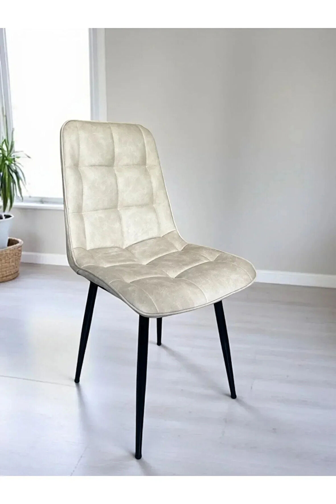 Bahar Sandalye 2 (Adet) – Modern Yemek & Mutfak Sandalyesi, Bej Kumaş - Metal Siyah Ayak