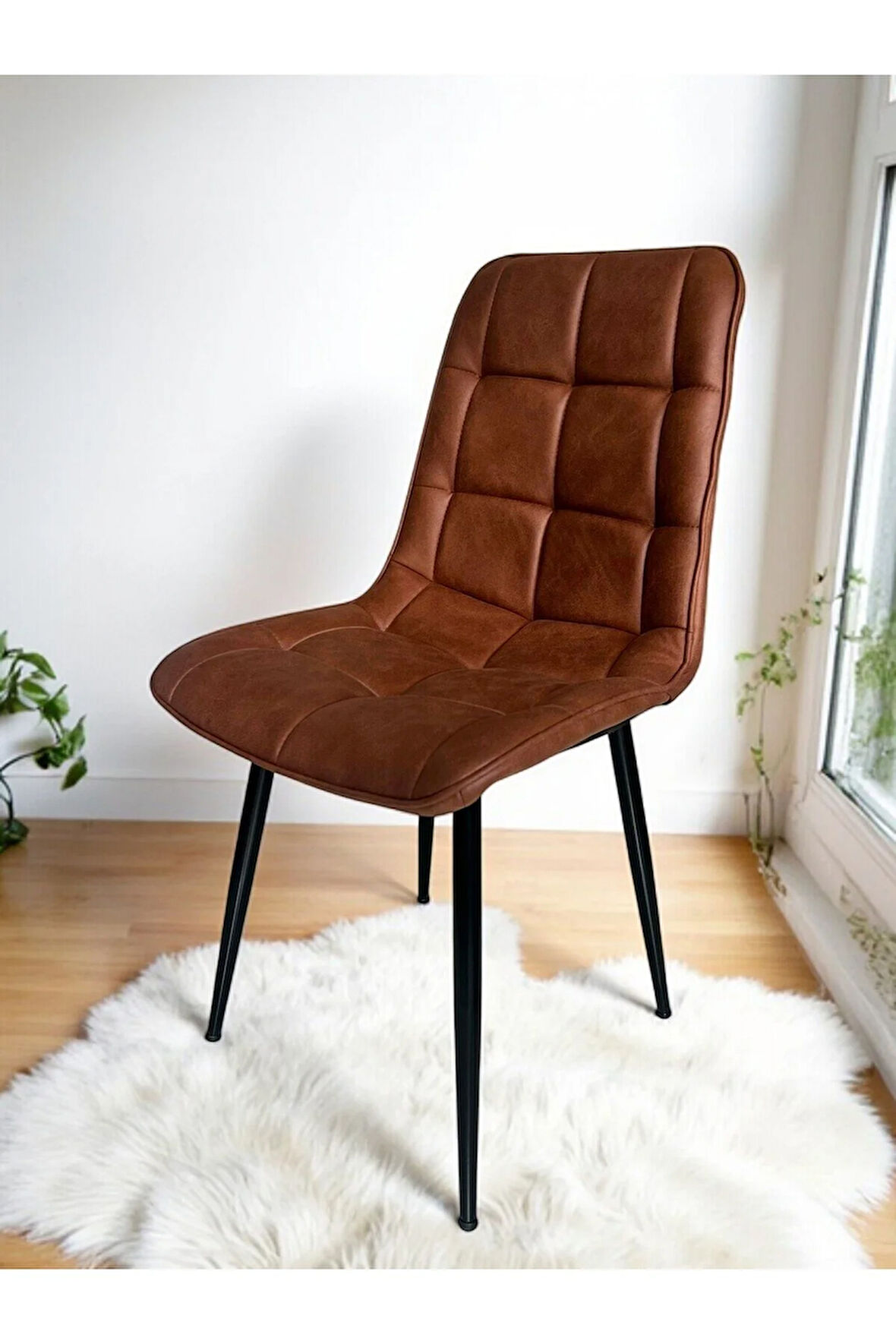 Bahar Sandalye 2 ( Adet) – Modern Yemek & Mutfak Sandalyesi, Kahverengi Kumaş - Metal Siyah Ayak
