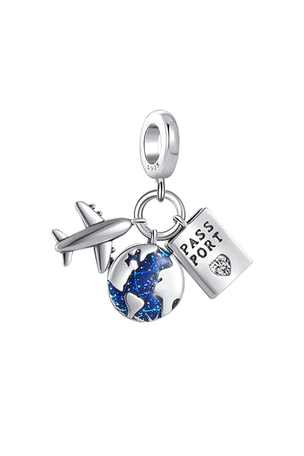 Uçak, Dünya ve Pasaport Charm | 925 Ayar Gümüş