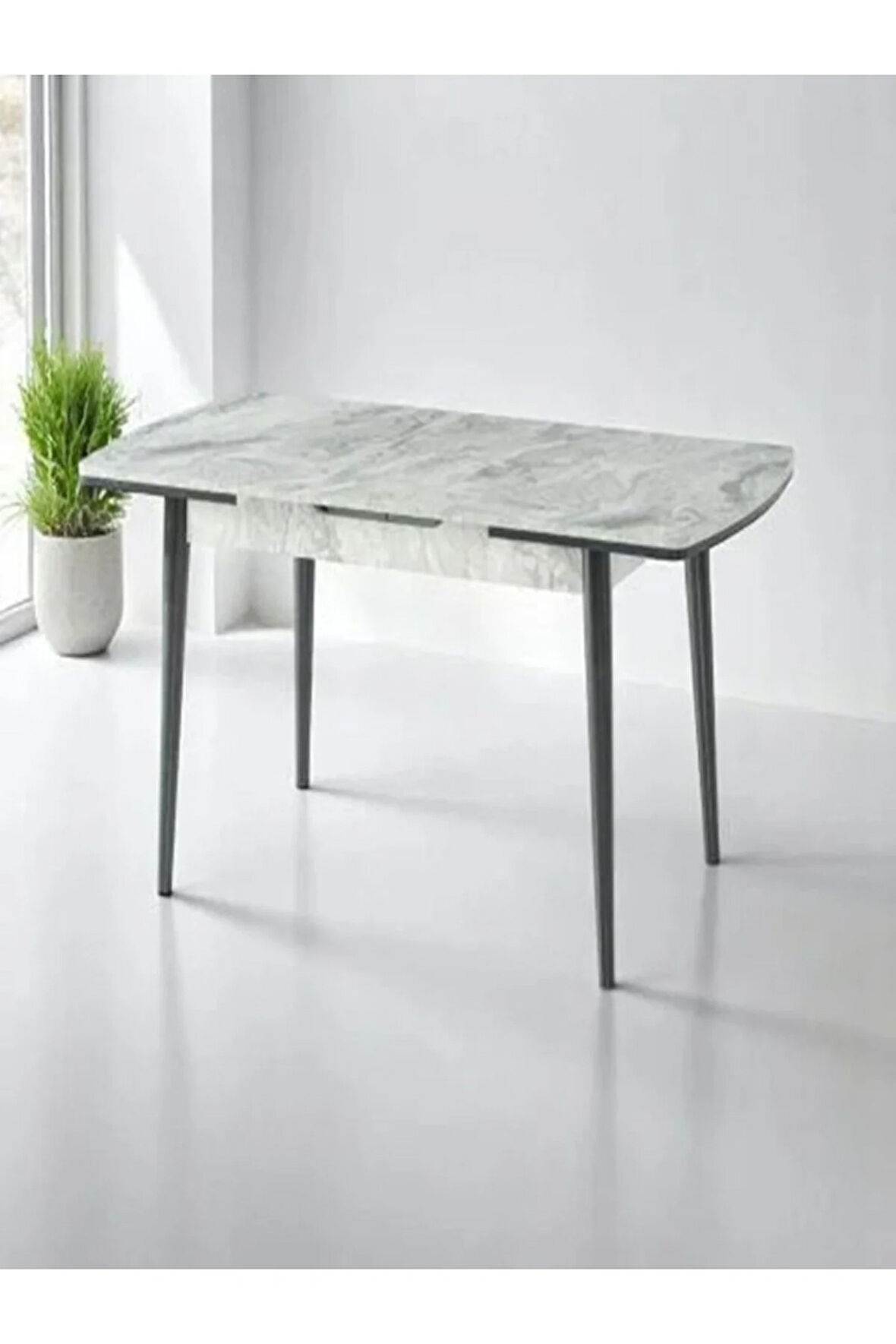 Berlin Açılır Dikdörtgen Masa – Gri Mermer, Siyah Ayak, 80×130 → 160 cm (Sandalyesiz, 4–6 Kişilik)