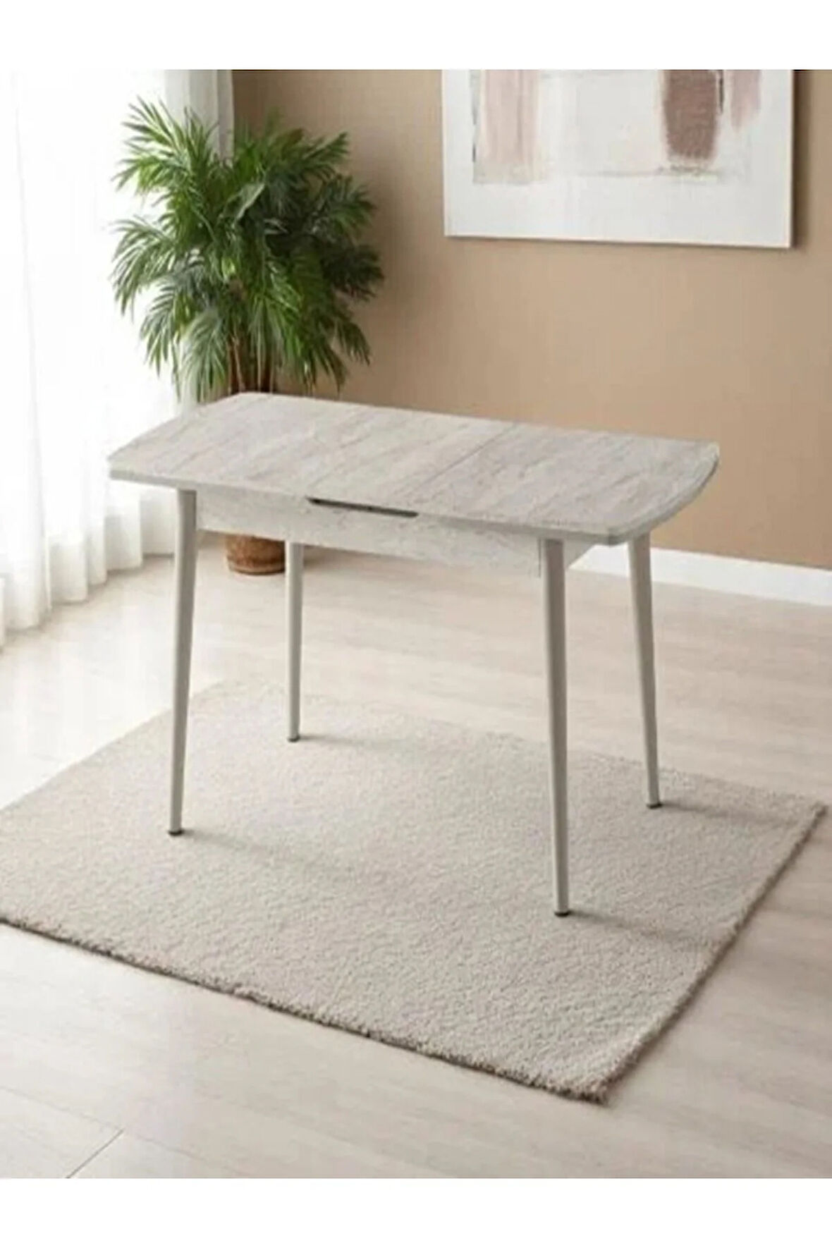 Berlin Açılır Dikdörtgen Masa – Traverten, Kapuçino Ayak, 80×130 → 160 cm (Sandalyesiz, 4–6 Kişilik)