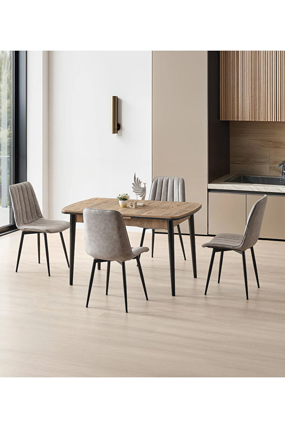 Berlin’87 Açılır Masa Takımı – Ceviz Desen. Siyah Ayak. 80×130→180 cm. 4 Togo Sandalyeli