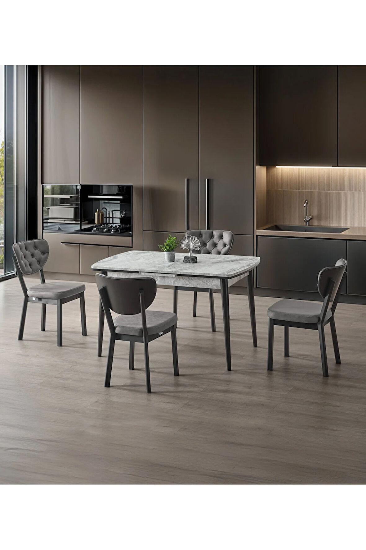 Berlin’116 Açılır Masa Takımı – Gri Mermer. Siyah Ayak. 80×130→180 cm. 4 Sandalyeli