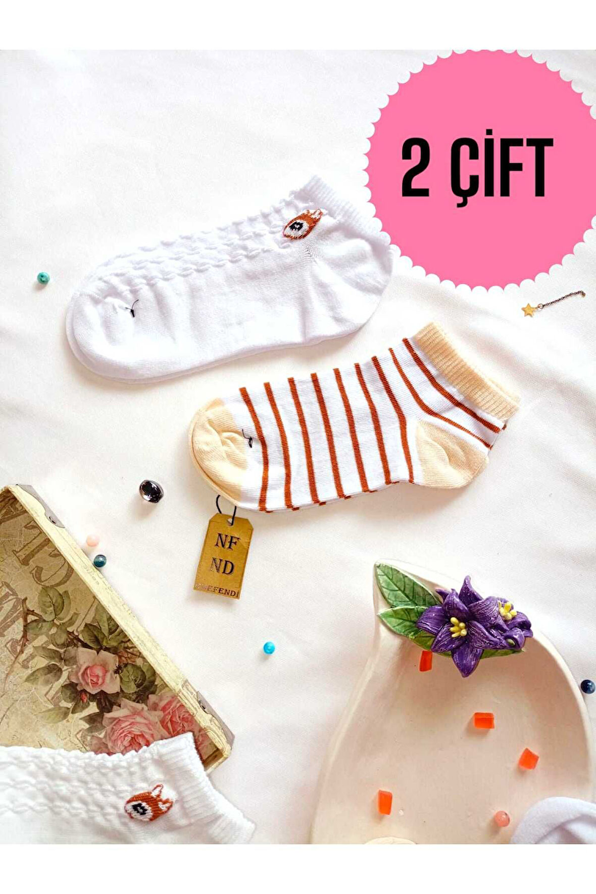 2 ÇİFT PATİK ÇORAP DİKİŞSİZ PAMUKLU KISA KONÇ DESENLİ KADIN ÇORABI 36-40 BEYAZ ÇİZGİLİ