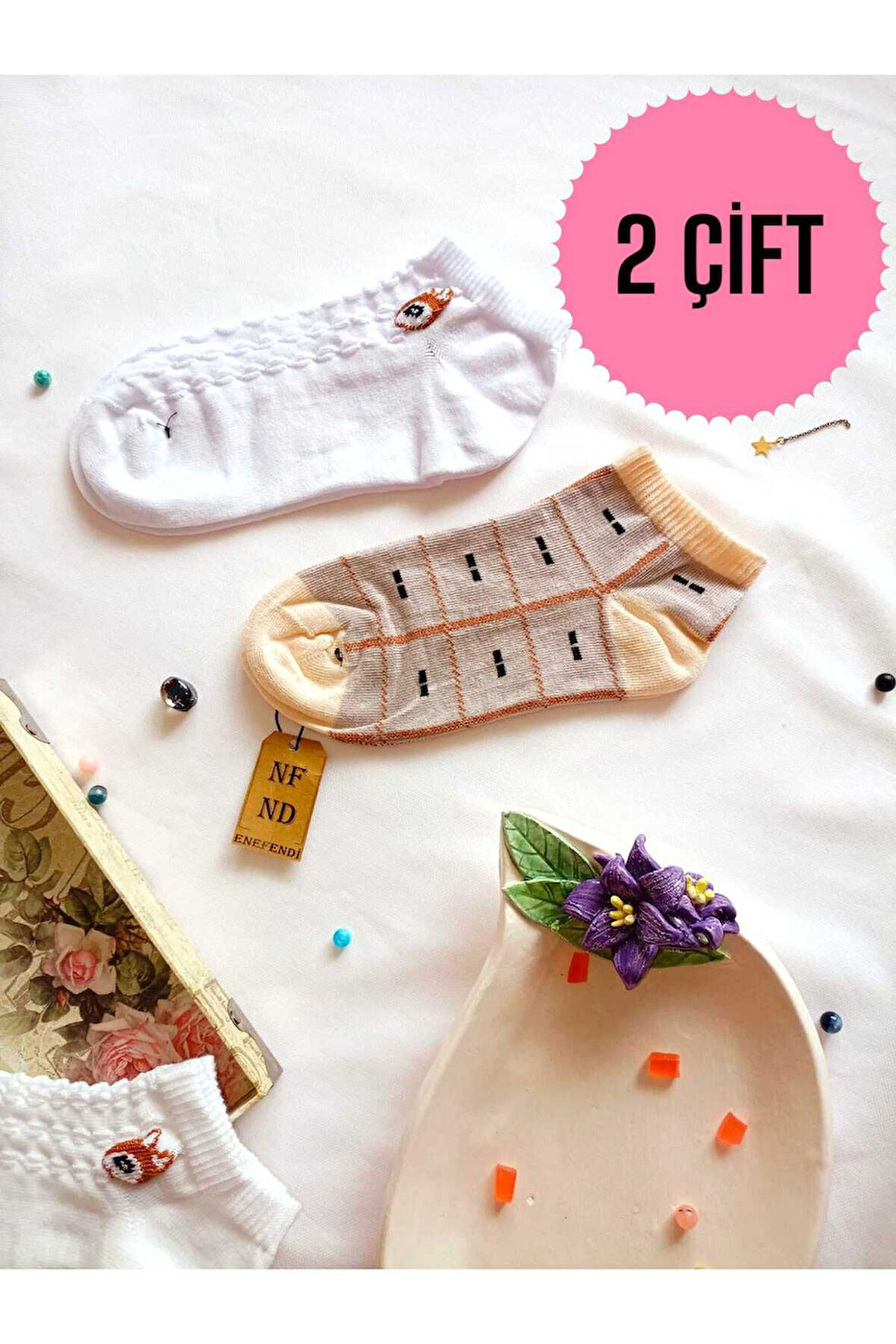2 ÇİFT ÇORAP PAMUKLU BURUN DİKİŞSİZ KISA KONÇ PATİK DESENLİ KADIN ÇORABI 36-40 BEYAZ KAHVE