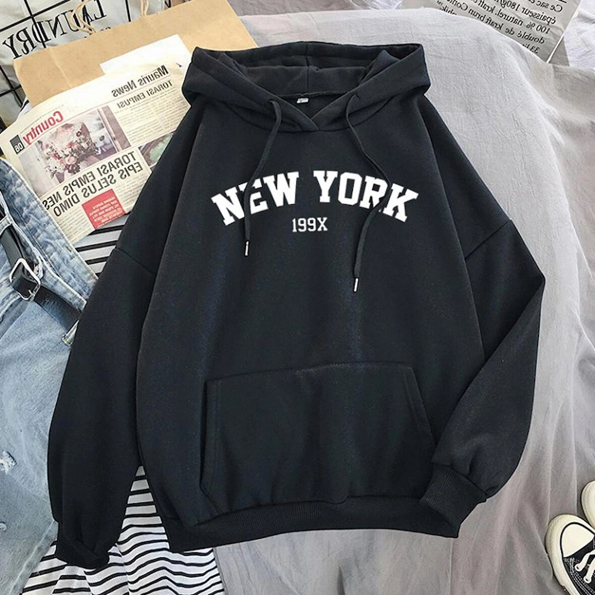 Unisex Oversize Siyah New York 199x Baskılı Kapüşonlu Sweatshirt M