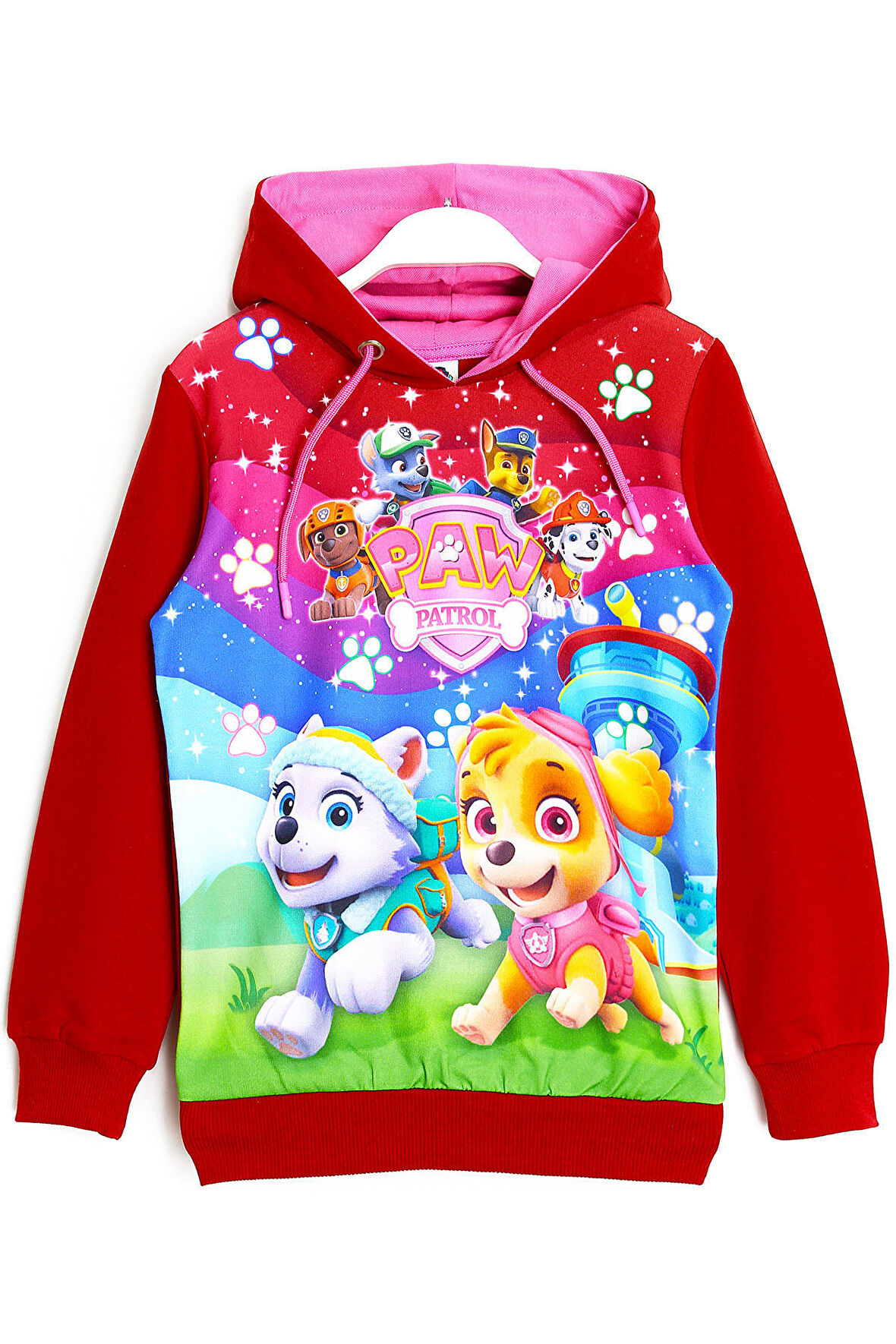 Skye Everest Baskılı Kapüşonlu Paw Patrol Kız Çocuk Sweatshirt Kırmızı