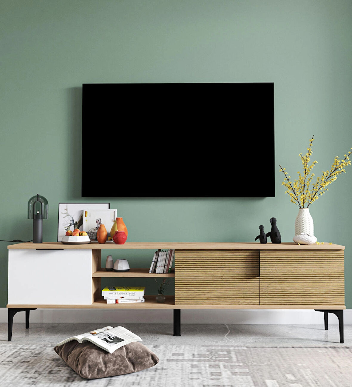 Tarz Raflı 180 Cm Metal Kulp Tv Ünitesi (BEYAZ-YUNUS)