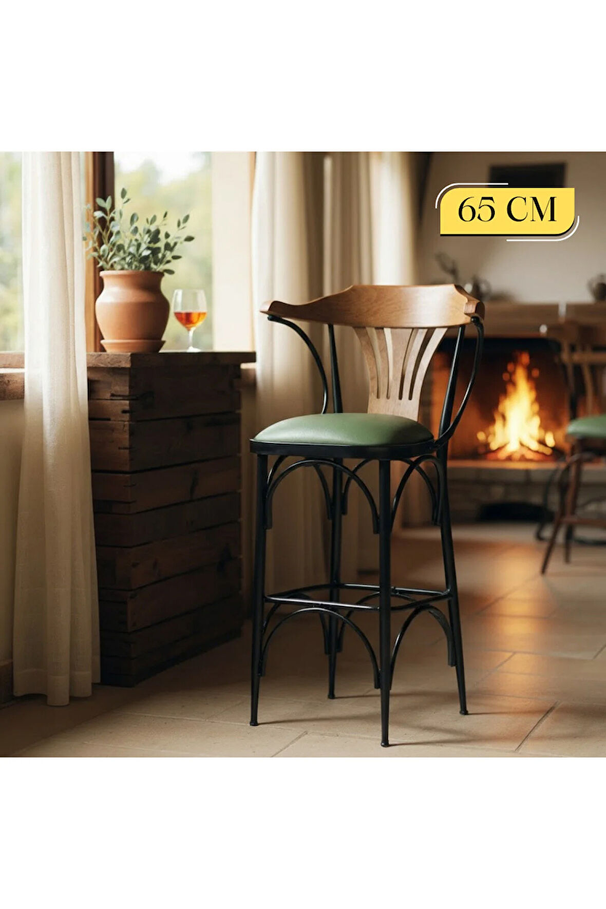 169/65 Özel Üretim Bar Taburesi / Sandalyesi – 65 cm Yükseklik Yeşil Deri, Ahşap Sırt, Metal Ayak