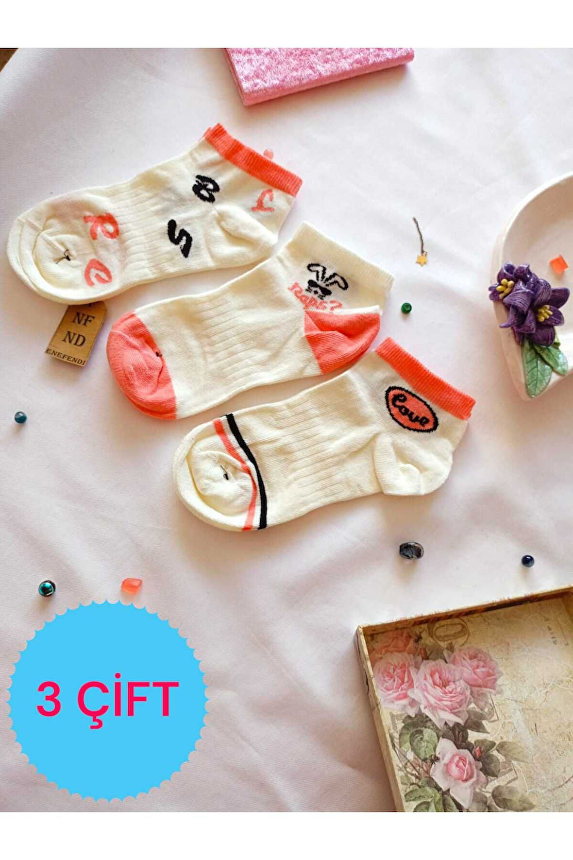 3 ÇİFT PAMUKLU PATİK ÇORAP BURUN DİKİŞSİZ YUMUŞAK KISA KONÇ DESENLİ KADIN ÇORABI 36-40