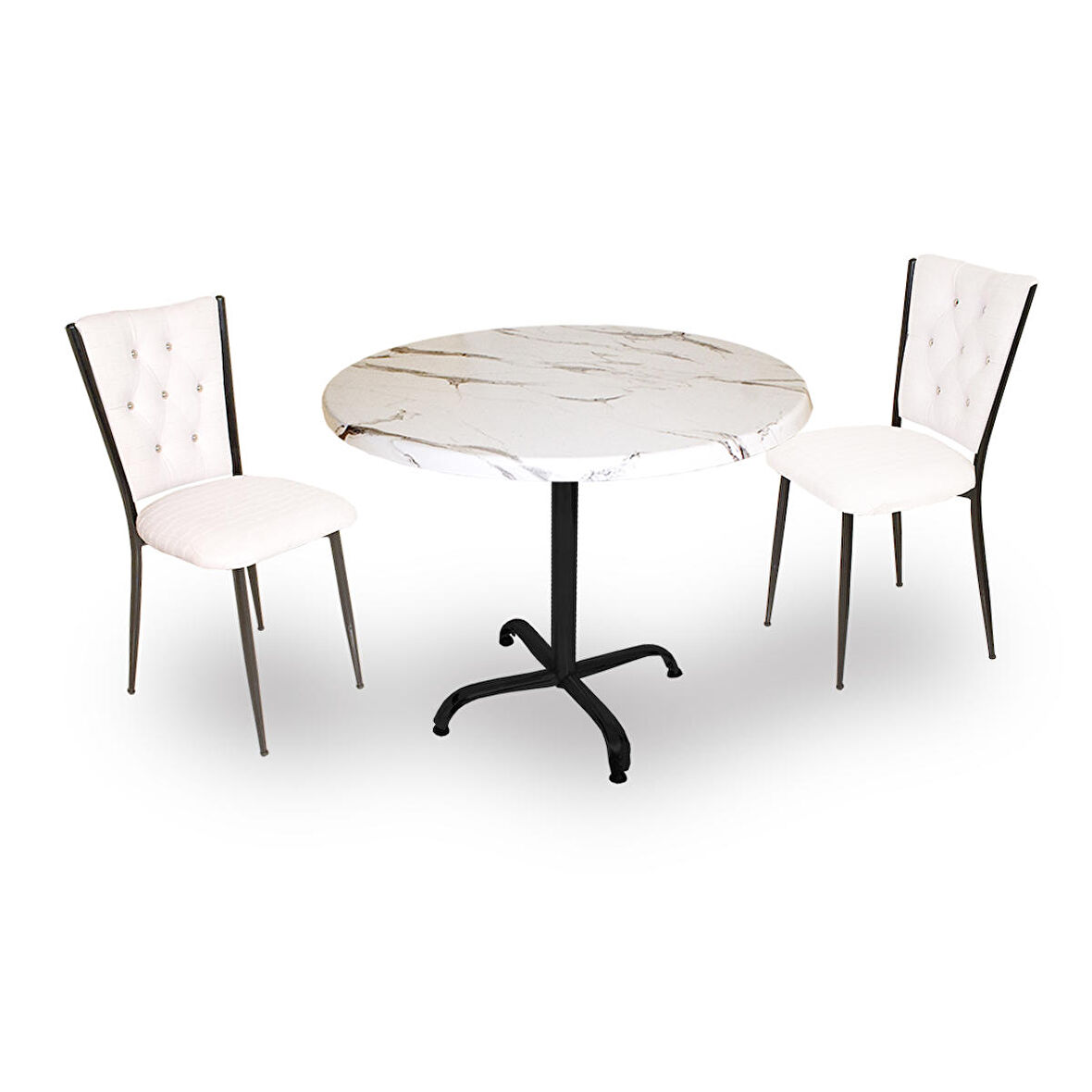Indigo Werzalit Yuvarlak - Kapitoneli Fiskos Seti (90 cm çap) - Bianco Carrara Beyaz