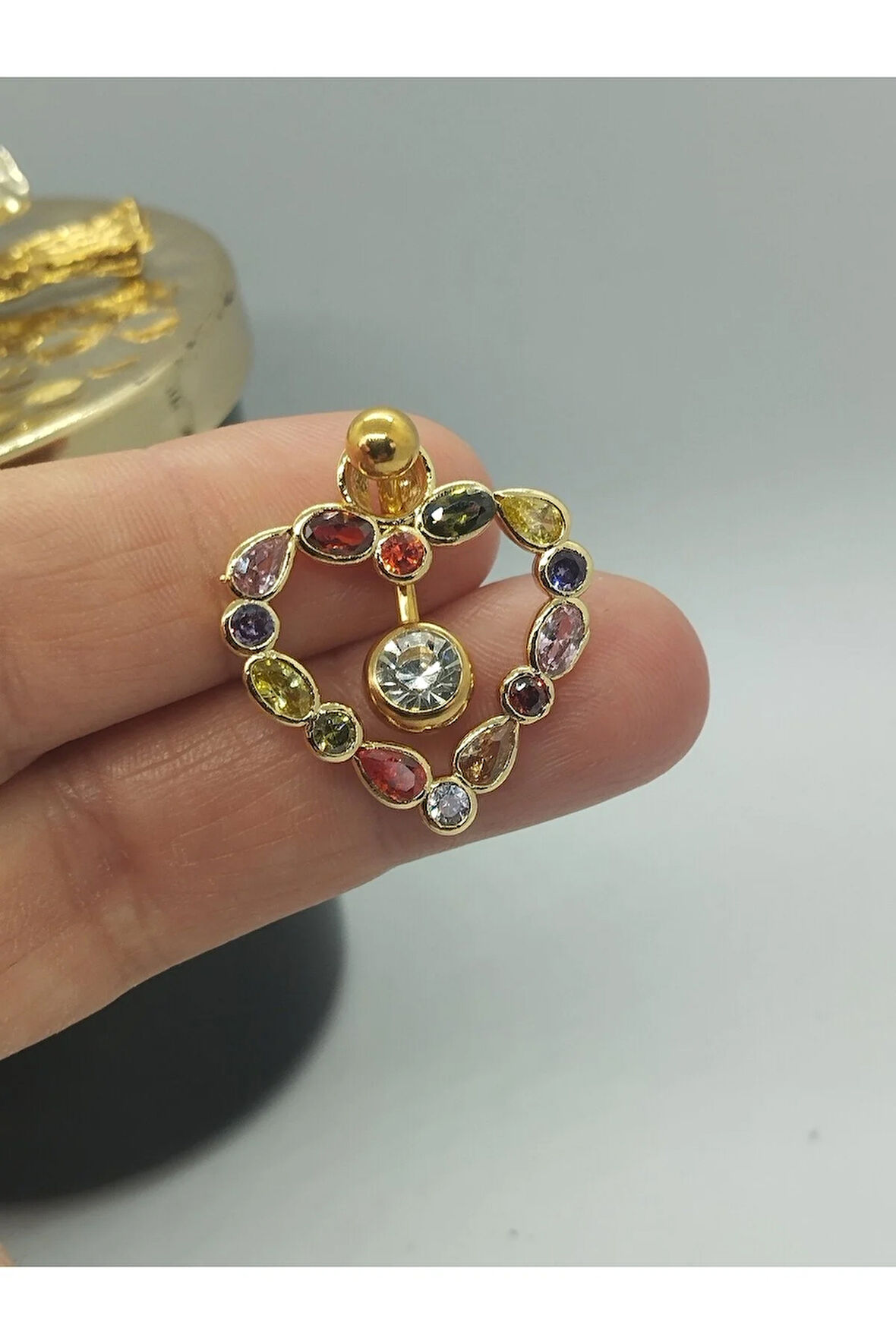 Cerrahi Çelik Kalp Renkli Zirkon Altın Göbek Piercing