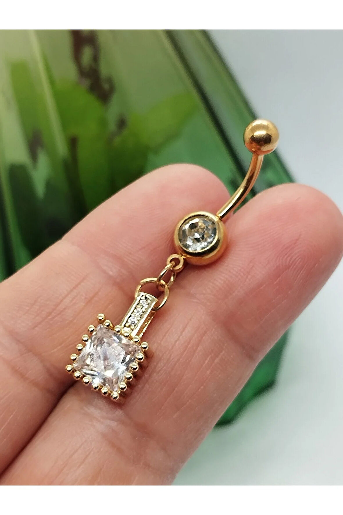 Cerrahi Çelik Kare Zirkon Altın Göbek Piercing