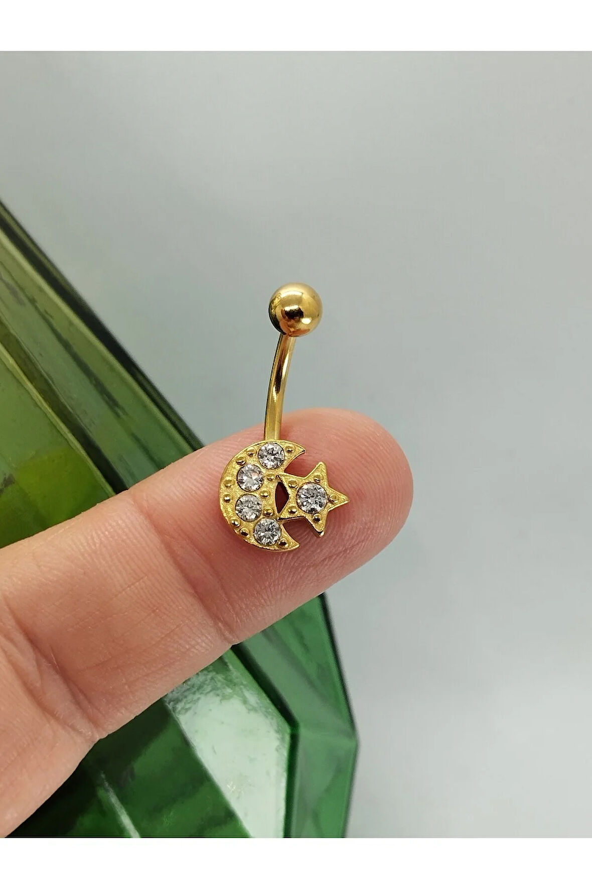 Cerrahi Çelik Taşlı Mini Ay Yıldız Altın Göbek Piercing