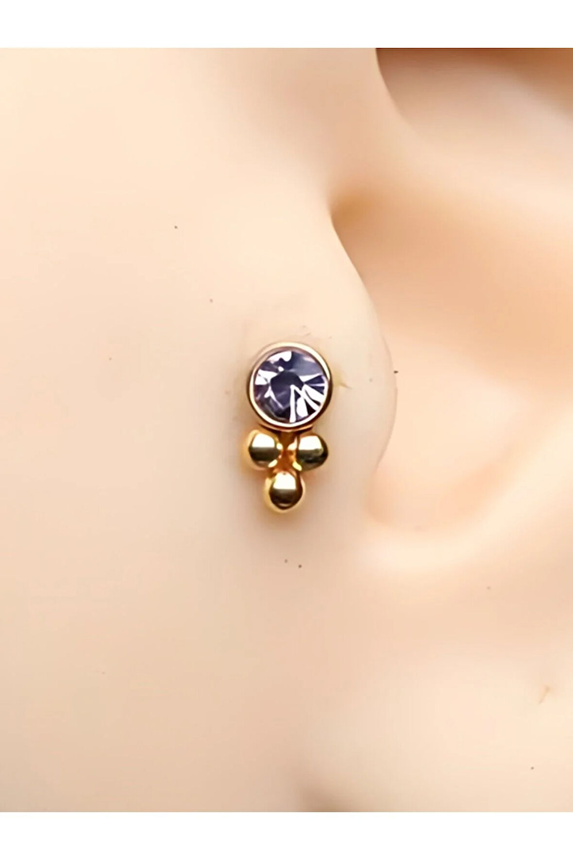 Tek Kırmızı Taş Üç Top Üçgen Altın Tragus Helix Conch Piercing