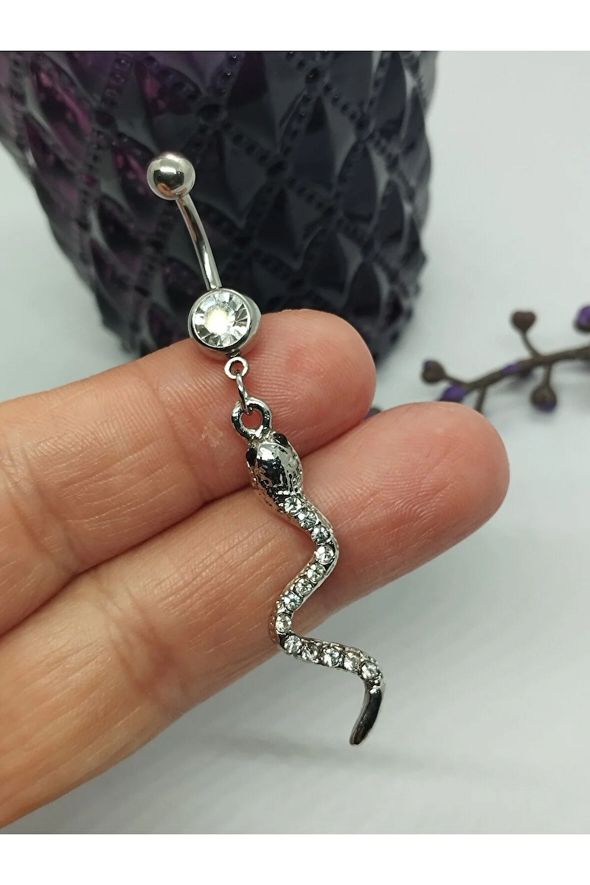 Cerrahi Çelik Yılan Kristal Göbek Piercing