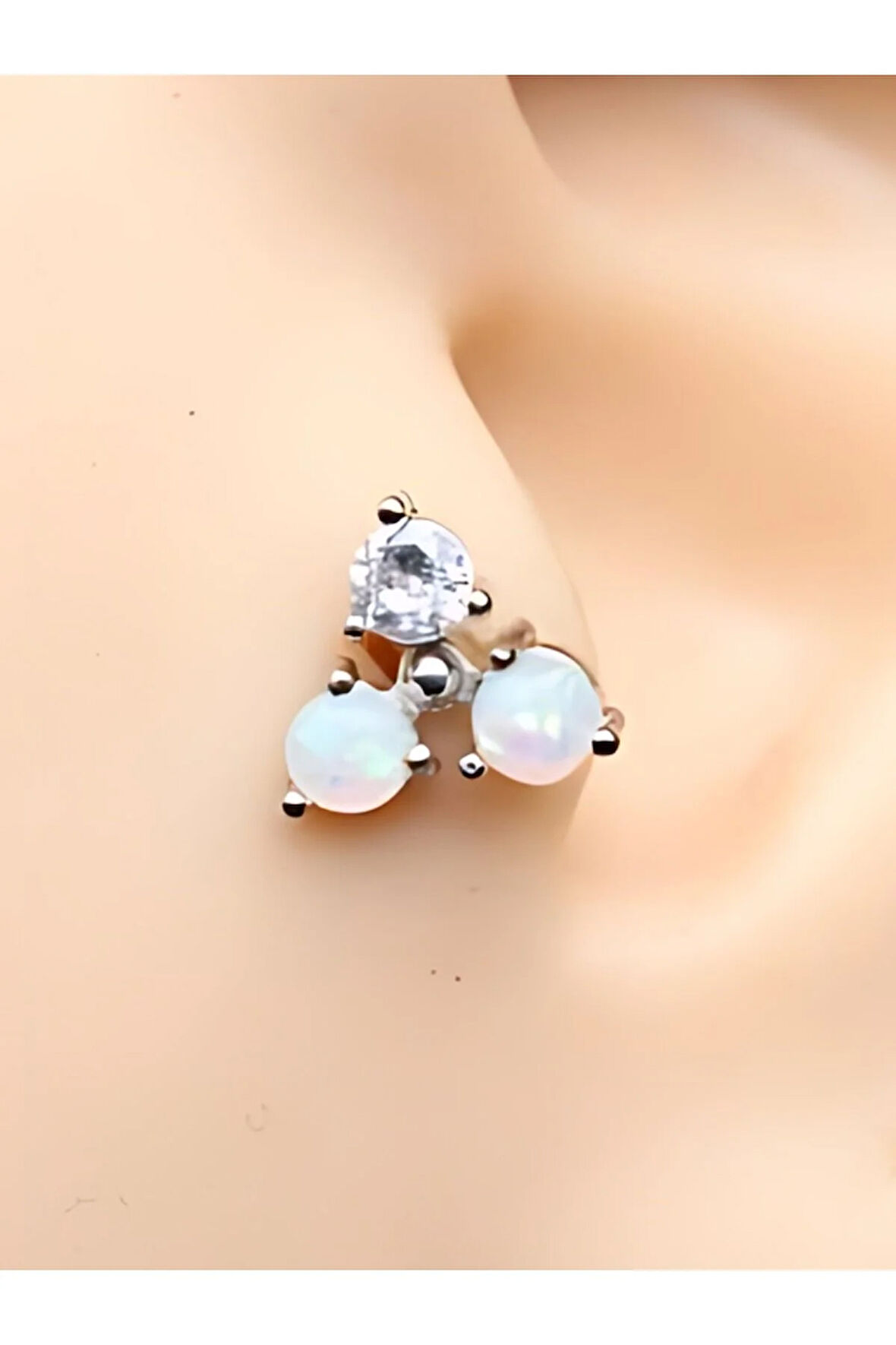 Cerrahi Çelik Üçlü Opal Ve Kristal Zirkon Çelik 6x1.2mm Labret Piercing