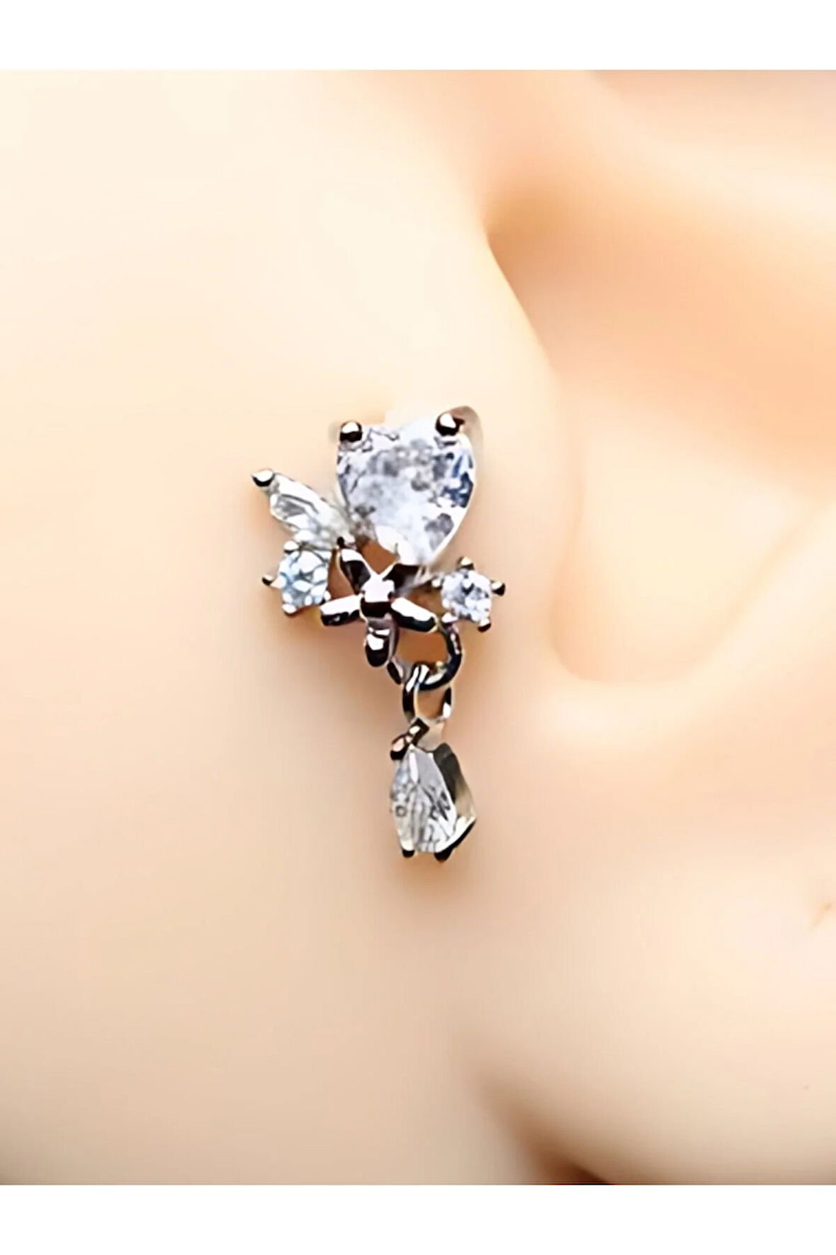 Kalp Damla Kristal Zirkon Çelik 6x1.2mm Labret Piercing