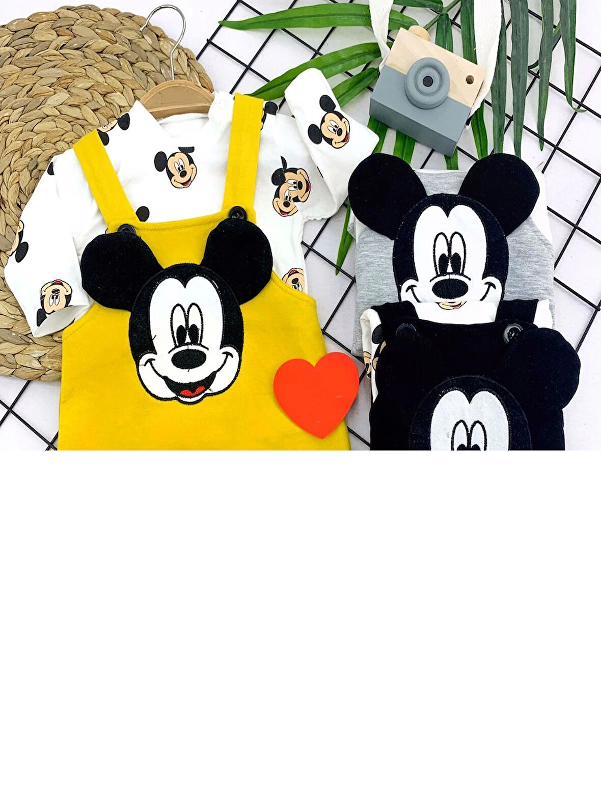 3-6-9-12 Ay Mickey Figürlü Uzun Kollu Baskılı Sweatli 2li Kız Erkek Bebek Salopet Takımı Sarı