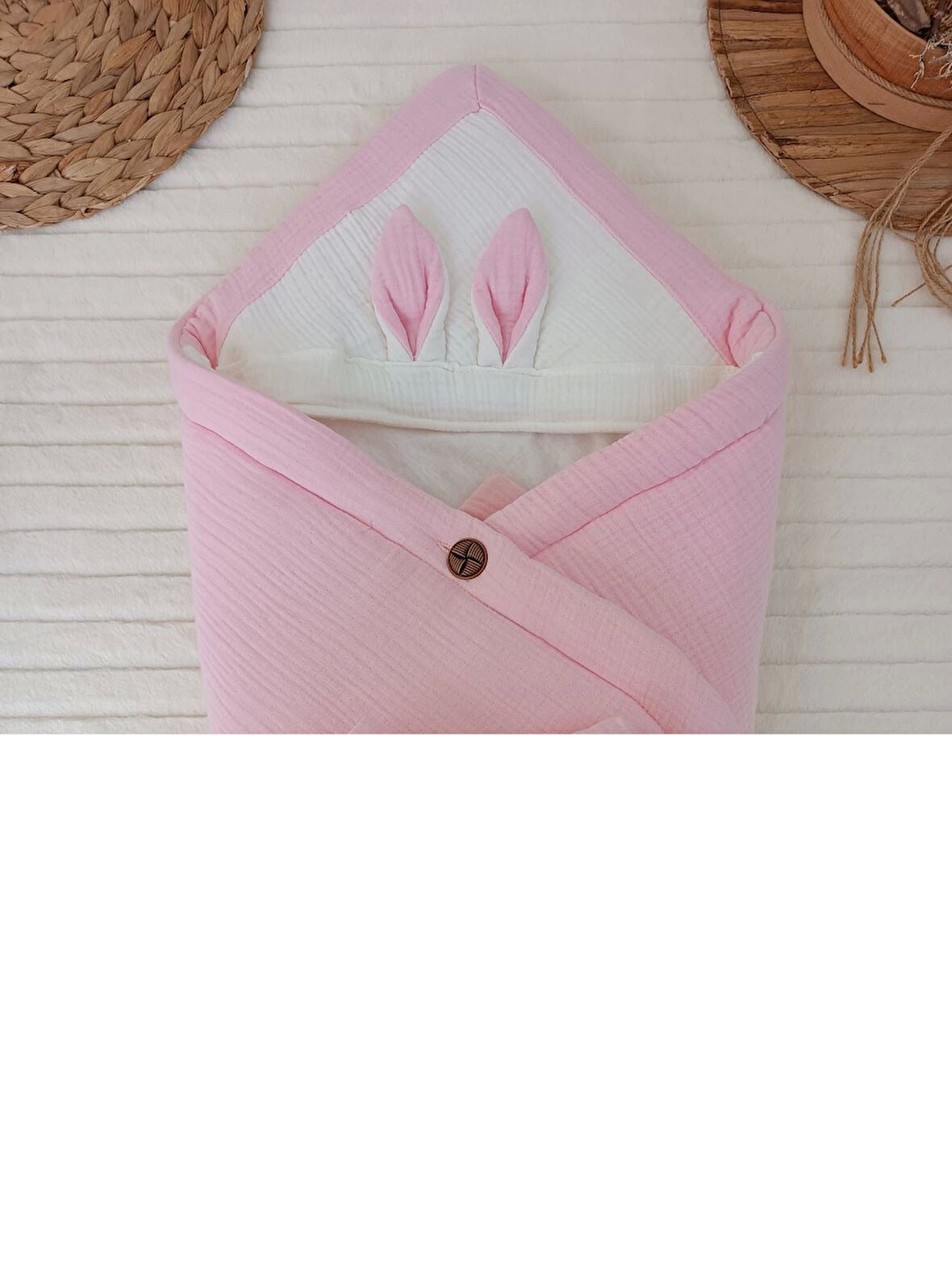 Yenidoğan 4 Kat Müslin Kumaş Kulaklı Patili Fiyonk Bebek Battaniyesi Kundak Pembe