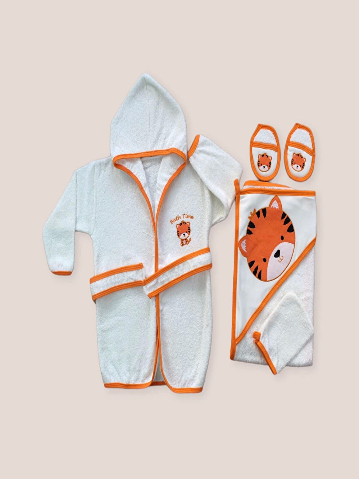 0-6 Ay Kaplan Nakışlı Bornozlu 5li Erkek Bebek Havlu Silgi Takımı Turuncu