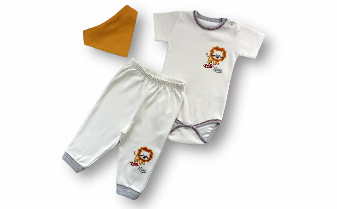 3-6 6-9 9-12 Ay Yavru Aslan Nakışlı Bandajlı Kısa Kollu Zıbınlı 3lü Erkek Bebek Takımı