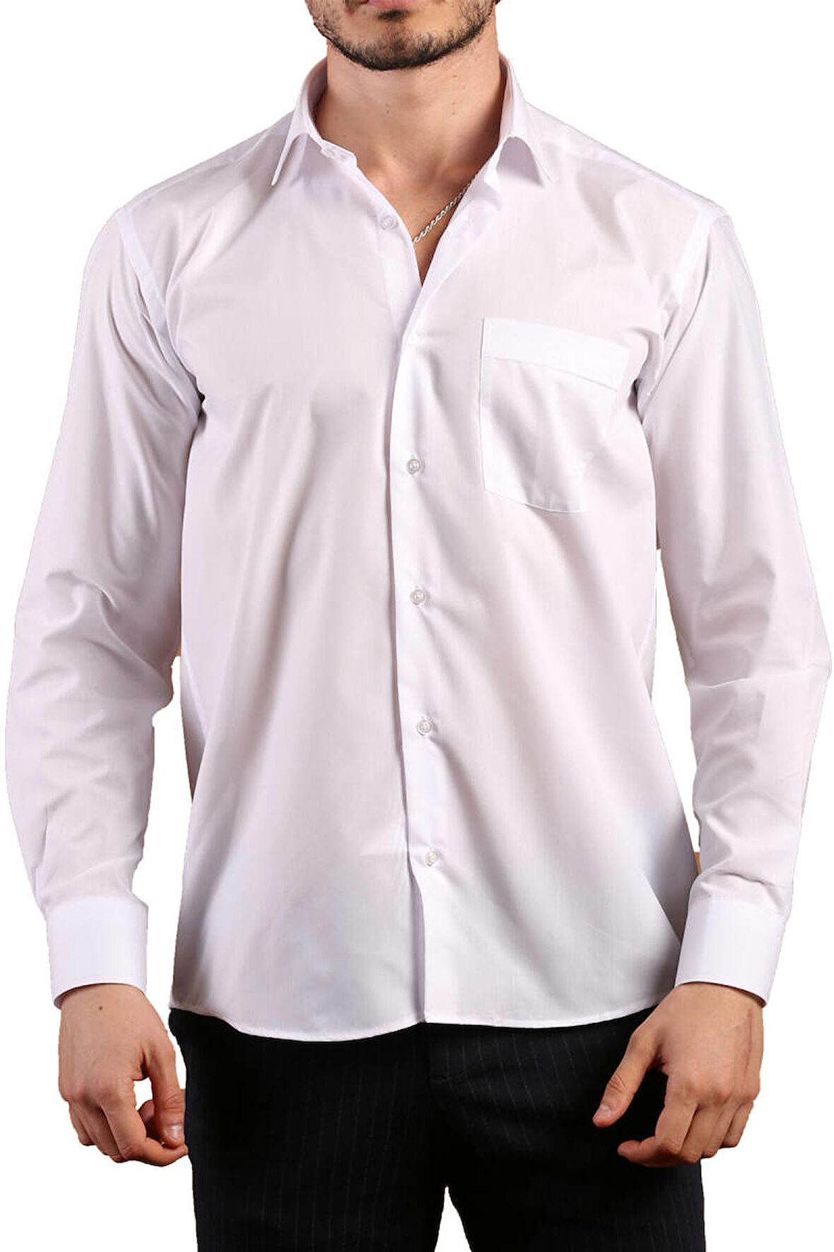 Beyaz Rahat Kesim Cepli Uzun Kol Regular Fit Erkek Gömlek  - 150-1