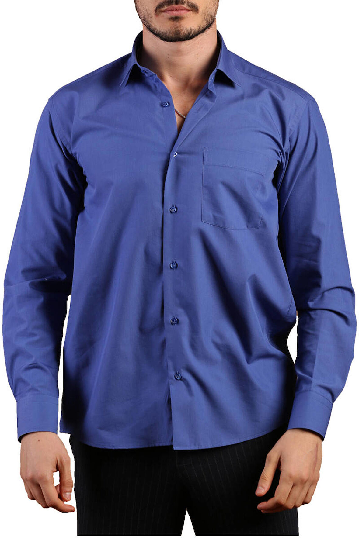 Saks Mavi Rahat Kesim Cepli Uzun Kol Regular Fit Erkek Gömlek  - 150-28