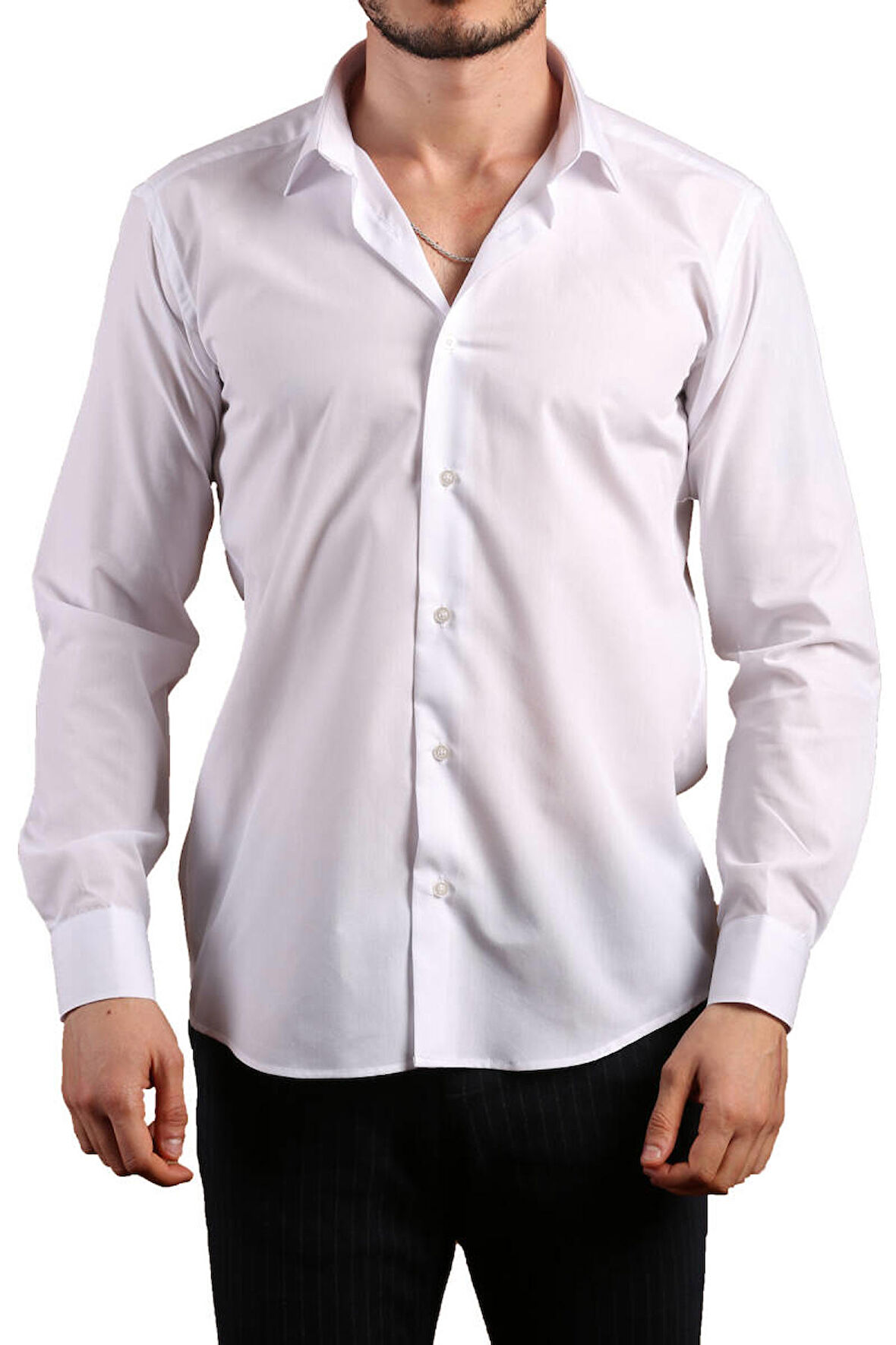 Beyaz Dar Kesim Slim Fit Uzun Kol Düz Renk Erkek Gömlek  - 151-1
