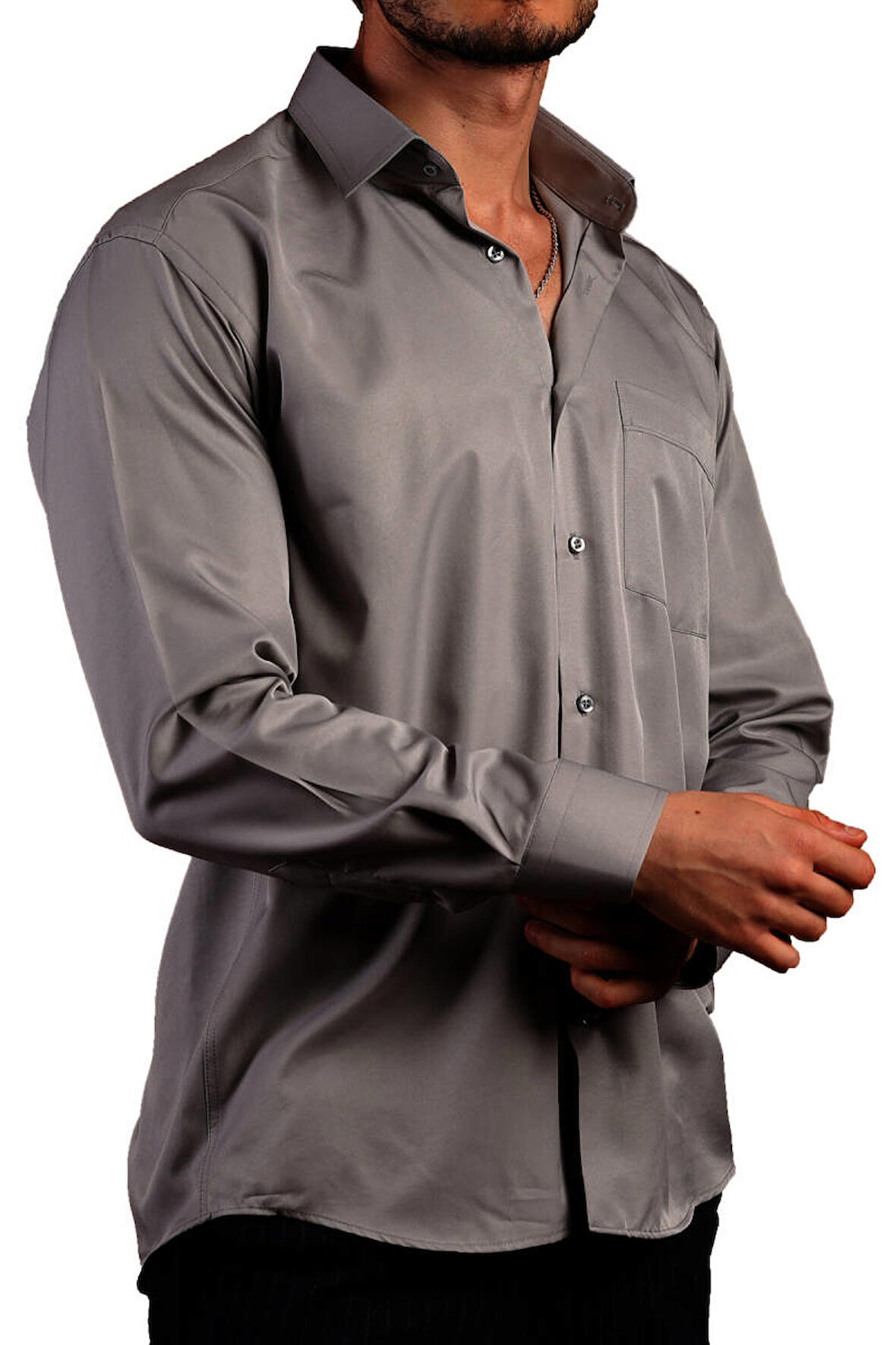 Koyu Gri Rahat Kesim Micro Kumaş Kol Düğmeli Regular Fit Erkek Gömlek - 190-7