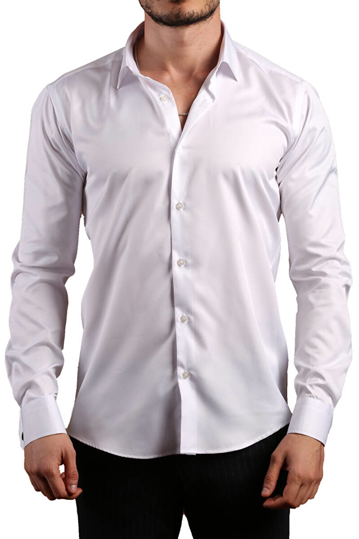 Beyaz 8 Drop Ekstra Uzun Kol Dar Kesim Micro Kumaş Kol Düğmeli Slim Fit Erkek Gömlek - 197-1