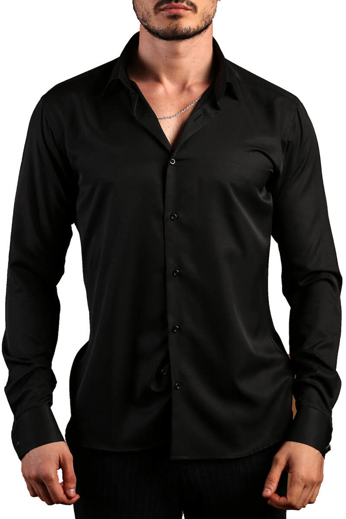 Siyah 8 Drop Ekstra Uzun Kol Dar Kesim Micro Kumaş Kol Düğmeli Slim Fit Erkek Gömlek - 197-6