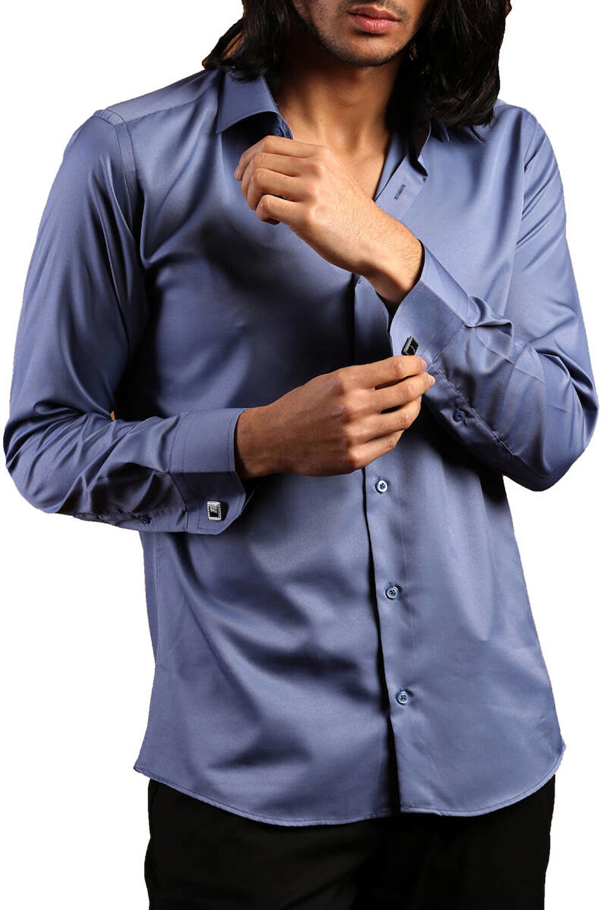 İndigo Dar Kesim Micro Kumaş Kol Düğmeli Slim Fit Erkek Gömlek - 201-5