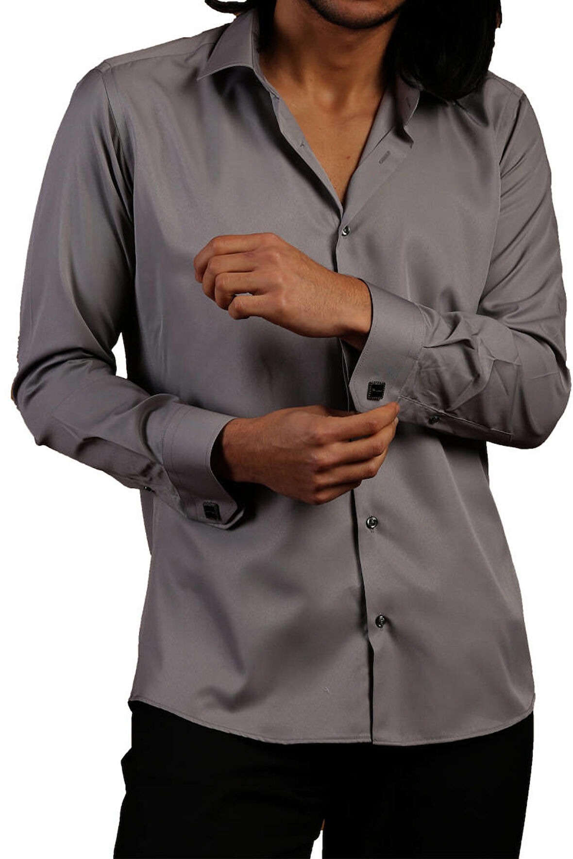 Koyu Gri Dar Kesim Micro Kumaş Kol Düğmeli Slim Fit Erkek Gömlek - 201-7