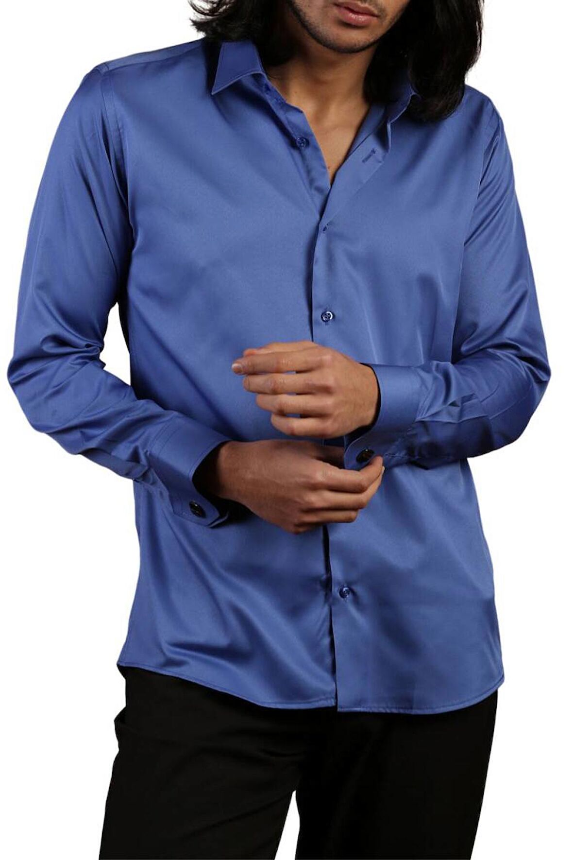 Saks Mavi Dar Kesim Micro Kumaş Kol Düğmeli Slim Fit Erkek Gömlek - 201-14