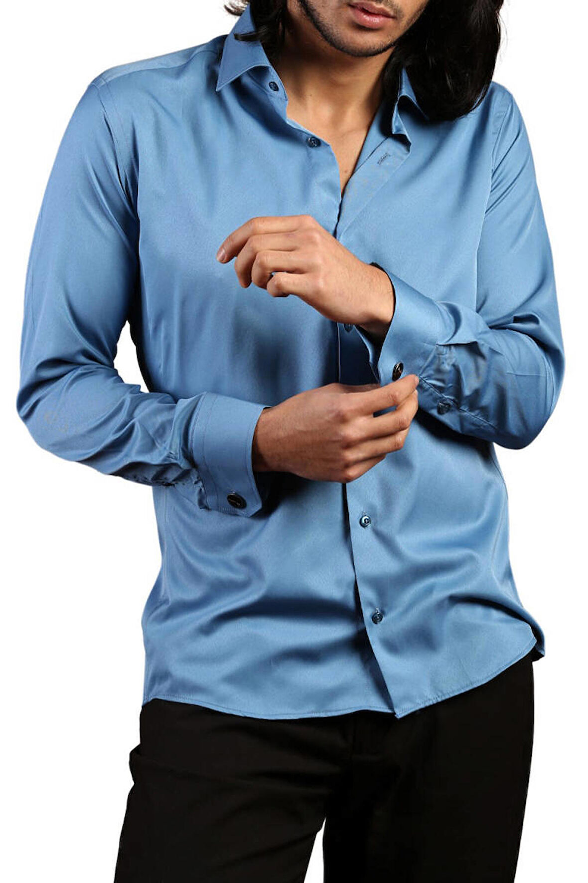 Turkuaz Mavi Dar Kesim Micro Kumaş Kol Düğmeli Slim Fit Erkek Gömlek - 201-18