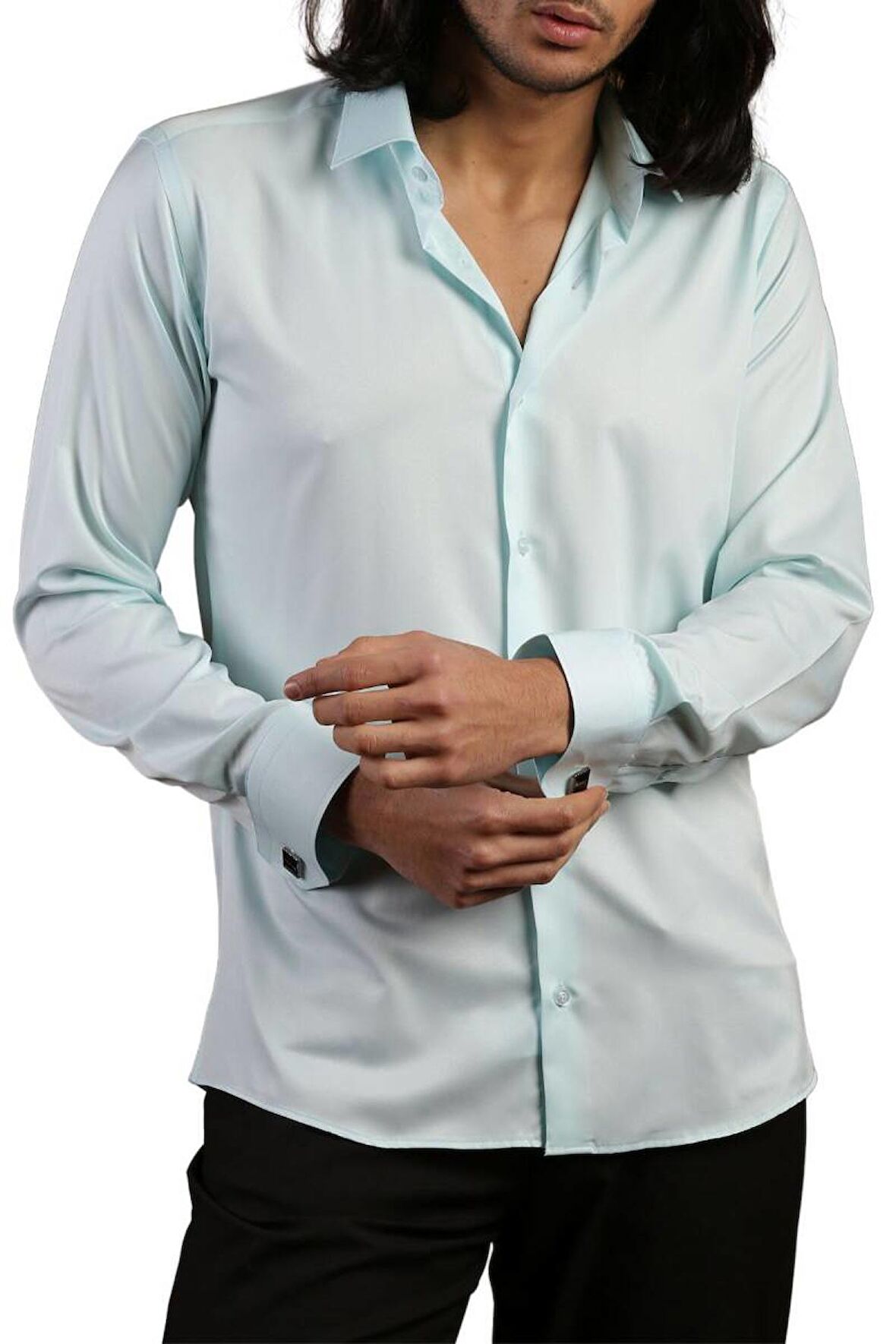 Su Yeşili Mint Dar Kesim Micro Kumaş Kol Düğmeli Slim Fit Erkek Gömlek - 201-22