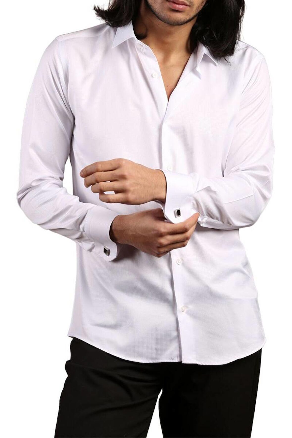 Beyaz Yakma Desenli Dar Kesim Micro Kumaş Kol Düğmeli Slim Fit Erkek Gömlek - 222-1