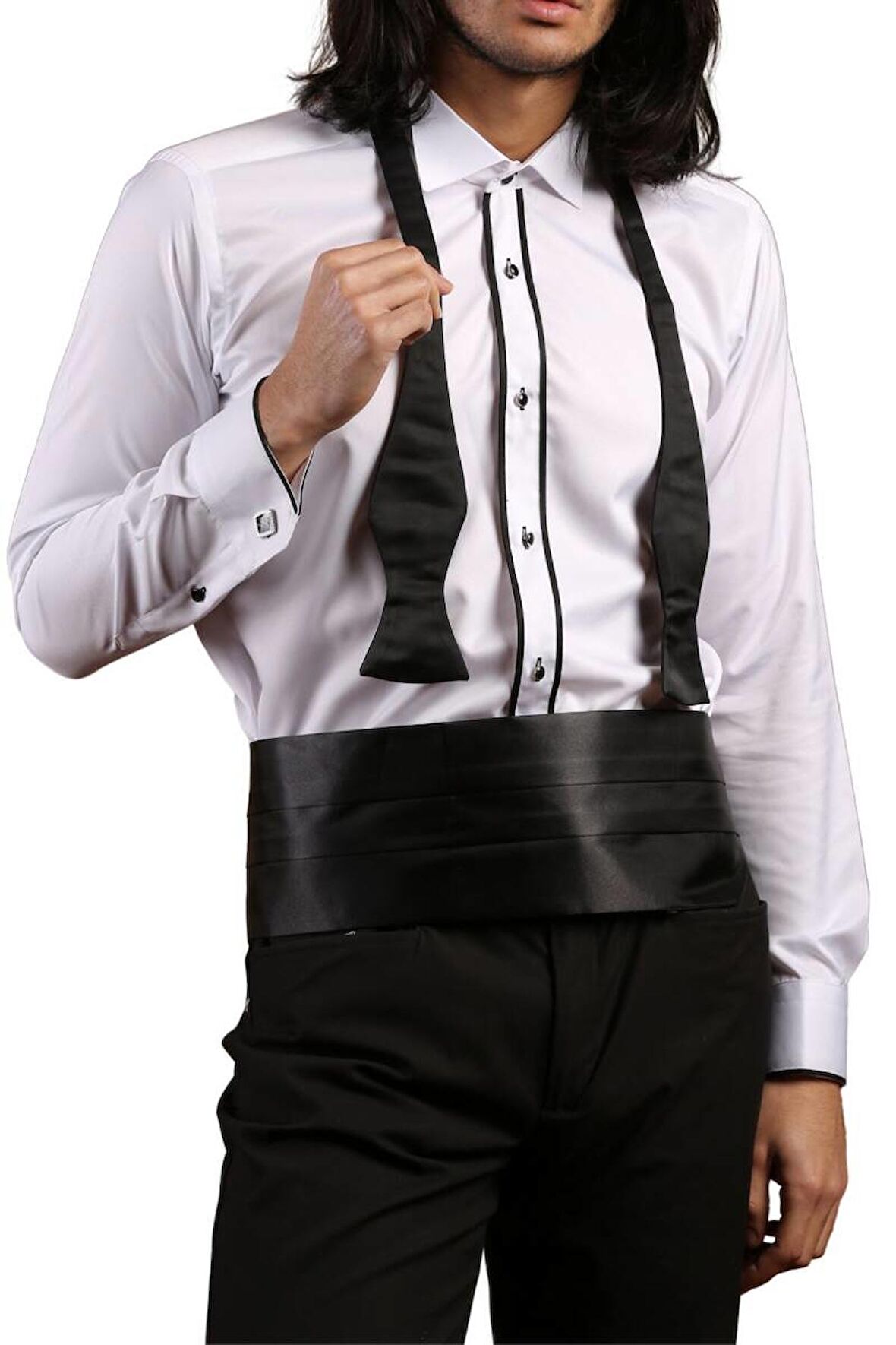 Beyaz Siyah Çift Bieli Damatlık Ata Yaka Kol Düğmeli Slim Fit Smokin Gömlek - 003