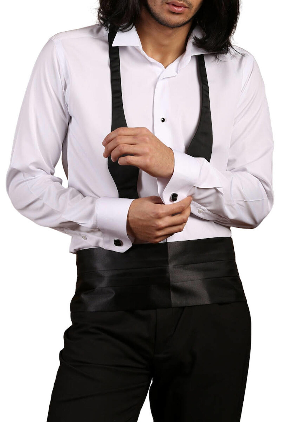 Beyaz Ekstra Uzun Kol 8 Drop Damatlık Ata Yaka Kol Düğmeli Slim Fit Smokin Gömlek - 013