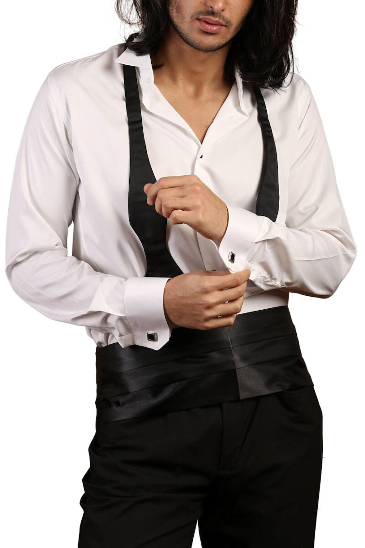 Krem Ekstra Uzun Kol 8 Drop Damatlık Ata Yaka Kol Düğmeli Slim Fit Smokin Gömlek - 014