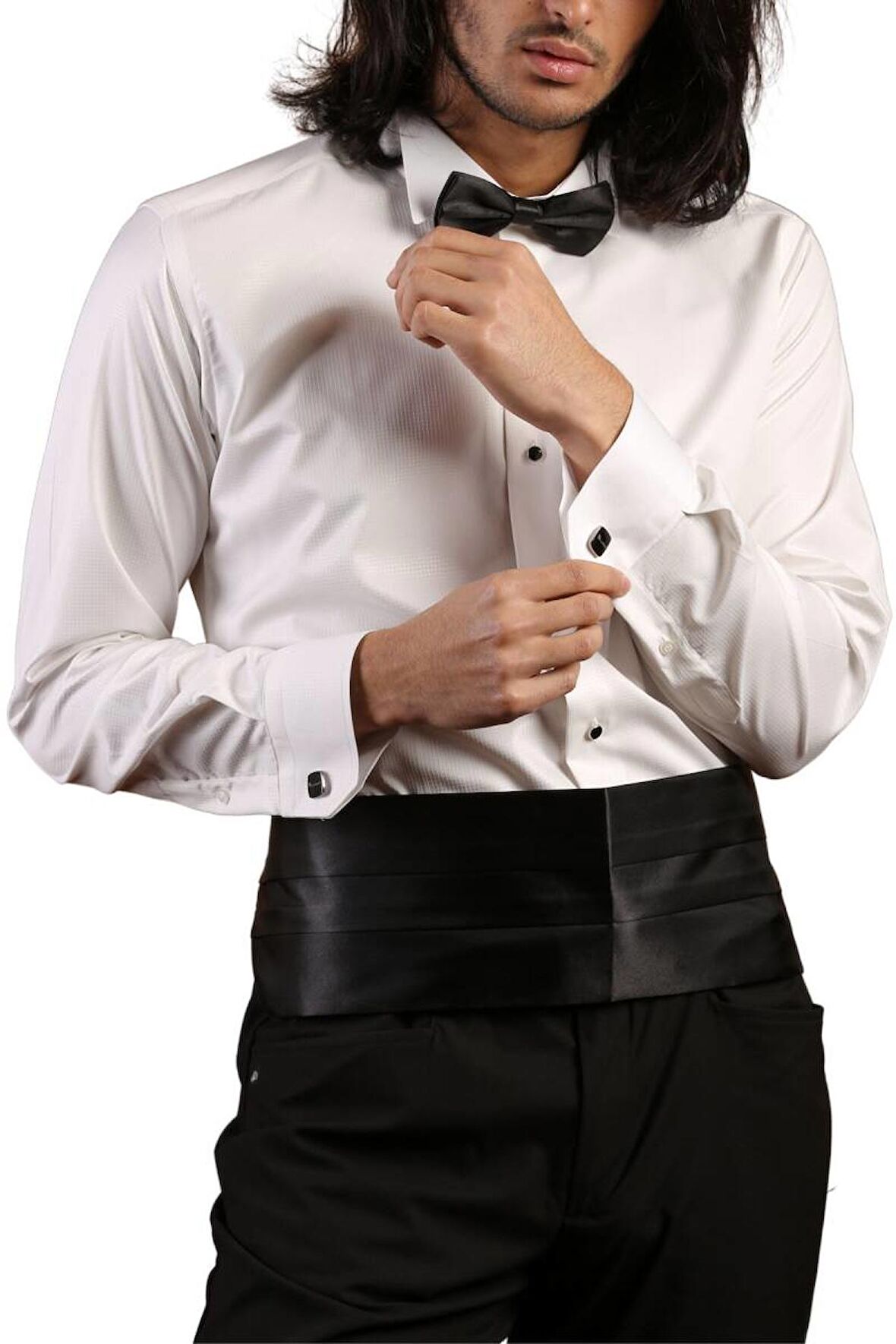 Krem Yakma Desenli Siyah Taş Düğmeli Damatlık Ata Yaka Kol Düğmeli Slim Fit Smokin Gömlek - 023