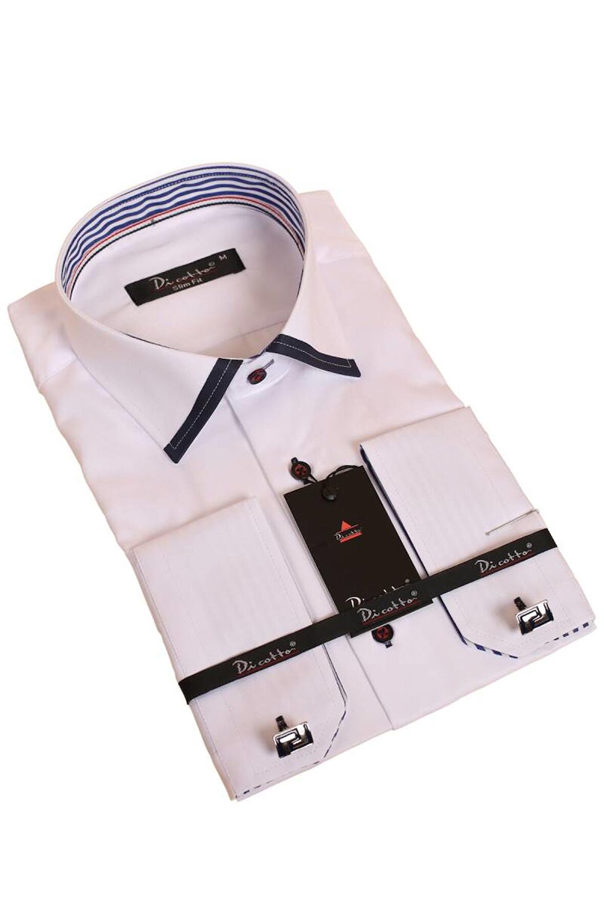 Beyaz Lacivert Bieli Yaka Dar Kesim Micro Kumaş Kol Düğmeli Slim Fit Erkek Gömlek - 200-1
