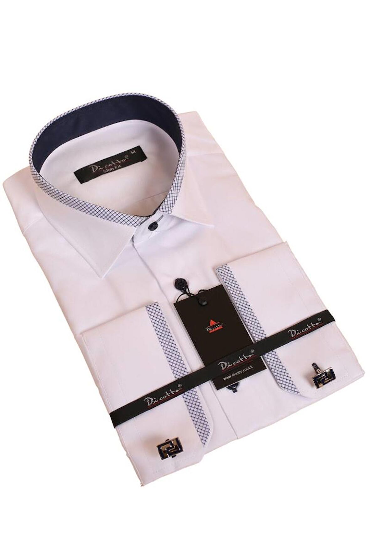 Beyaz Lacivert Bieli Yaka Dar Kesim Micro Kumaş Kol Düğmeli Slim Fit Erkek Gömlek - 200-3